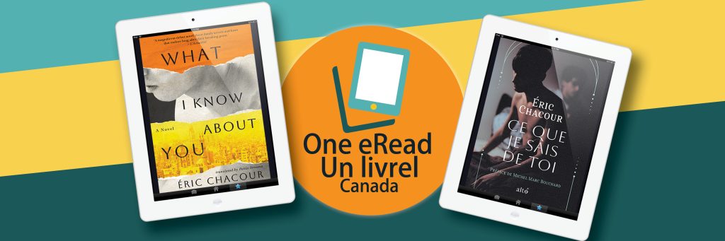 One eread card with the cover of What I know about you in an ipad and the cover of the book Ce que je sais de toi in another ipad. The one eread logo is in the middle of them.